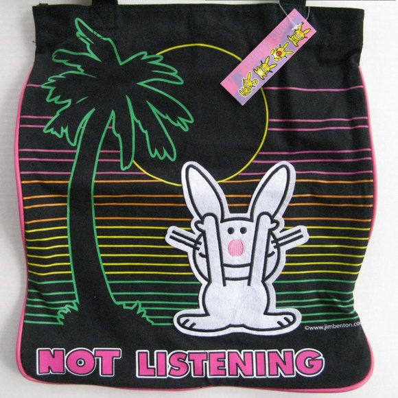 It's Happy Bunny Tote Bag Not Listening Vtg Y2K Tropical Stripes New Old Stock - Picture 2 of 8
